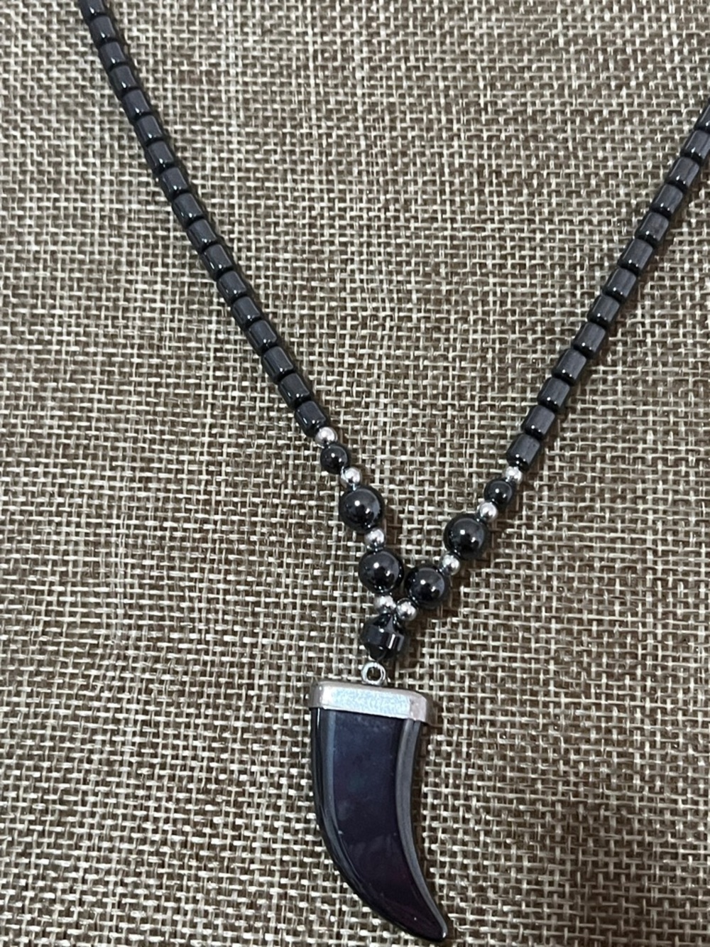 Vintage Hand Strung Hematite Gemstone Necklace claw shape pendant